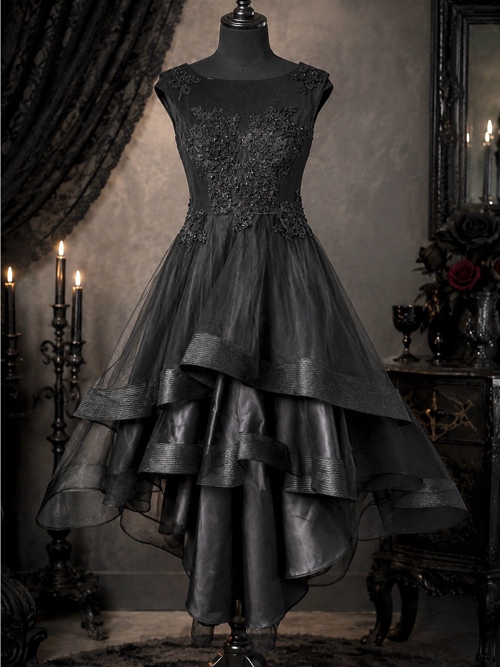 Formal, Prom, Bridal Black High-Low Evening Dress with Embroidered Bodice